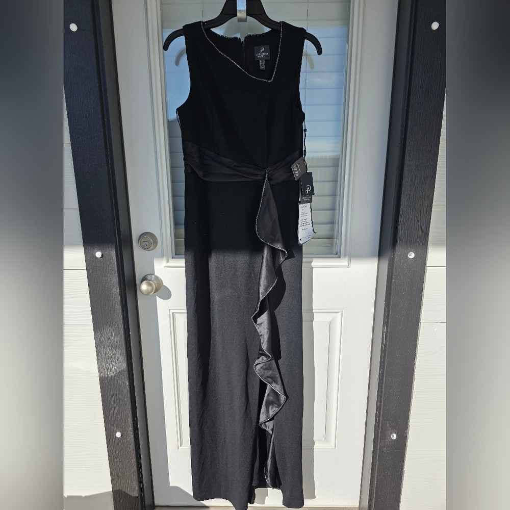 Adrianna Papell Women Ruffled Gown Sz 6 Asymmetric Hem Black NWT Old Money Party - Picture 4 of 15